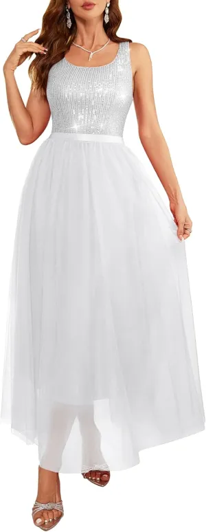 BeryLove Sequin Dress for Woman Vintage A Line Wedding Formal Swing Mesh Dress Sleeveless Cocktail Maxi Gowns