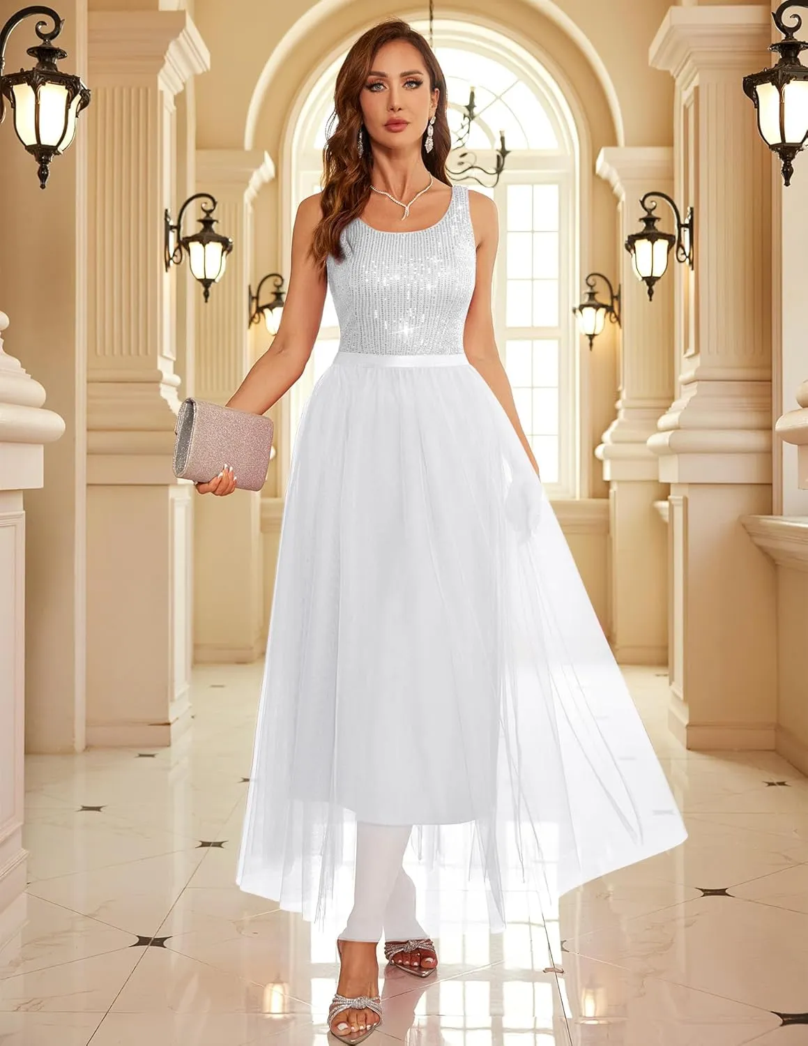 BeryLove Sequin Dress for Woman Vintage A Line Wedding Formal Swing Mesh Dress Sleeveless Cocktail Maxi Gowns
