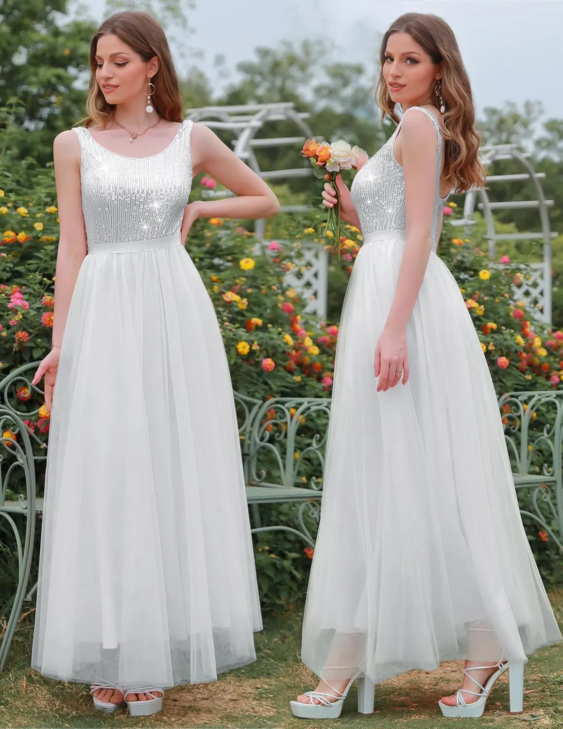 BeryLove Sequin Dress for Woman Vintage A Line Wedding Formal Swing Mesh Dress Sleeveless Cocktail Maxi Gowns