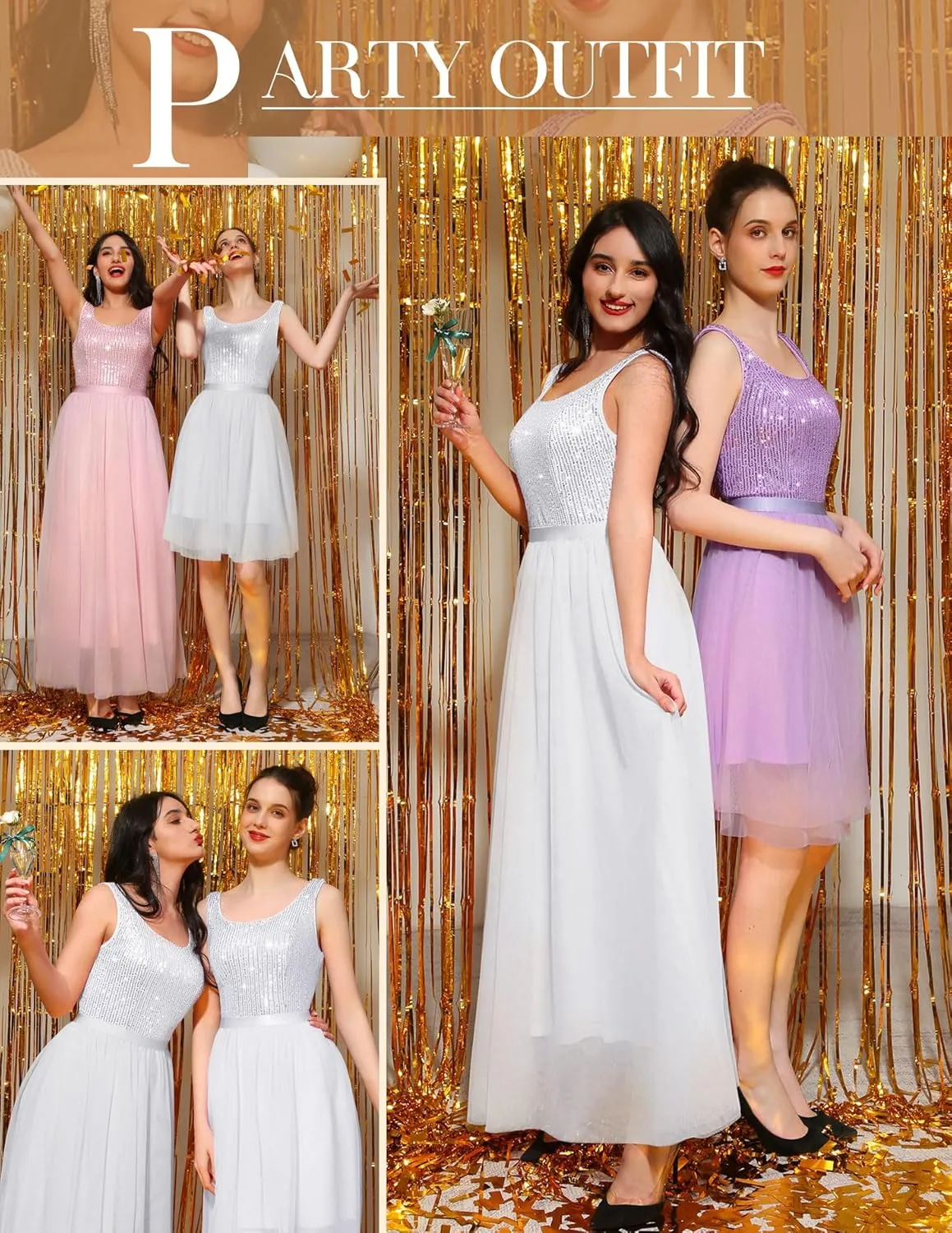 BeryLove Sequin Dress for Woman Vintage A Line Wedding Formal Swing Mesh Dress Sleeveless Cocktail Maxi Gowns