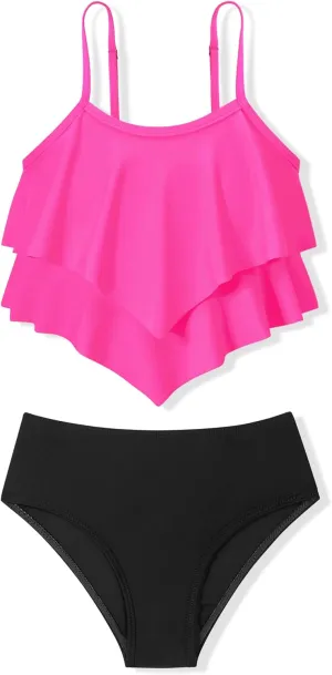 oklady Girls Swimsuit 2 Piece Bikini Set Tiered Ruffled Bathing Suit Adjustable Straps Girls' Swimwear