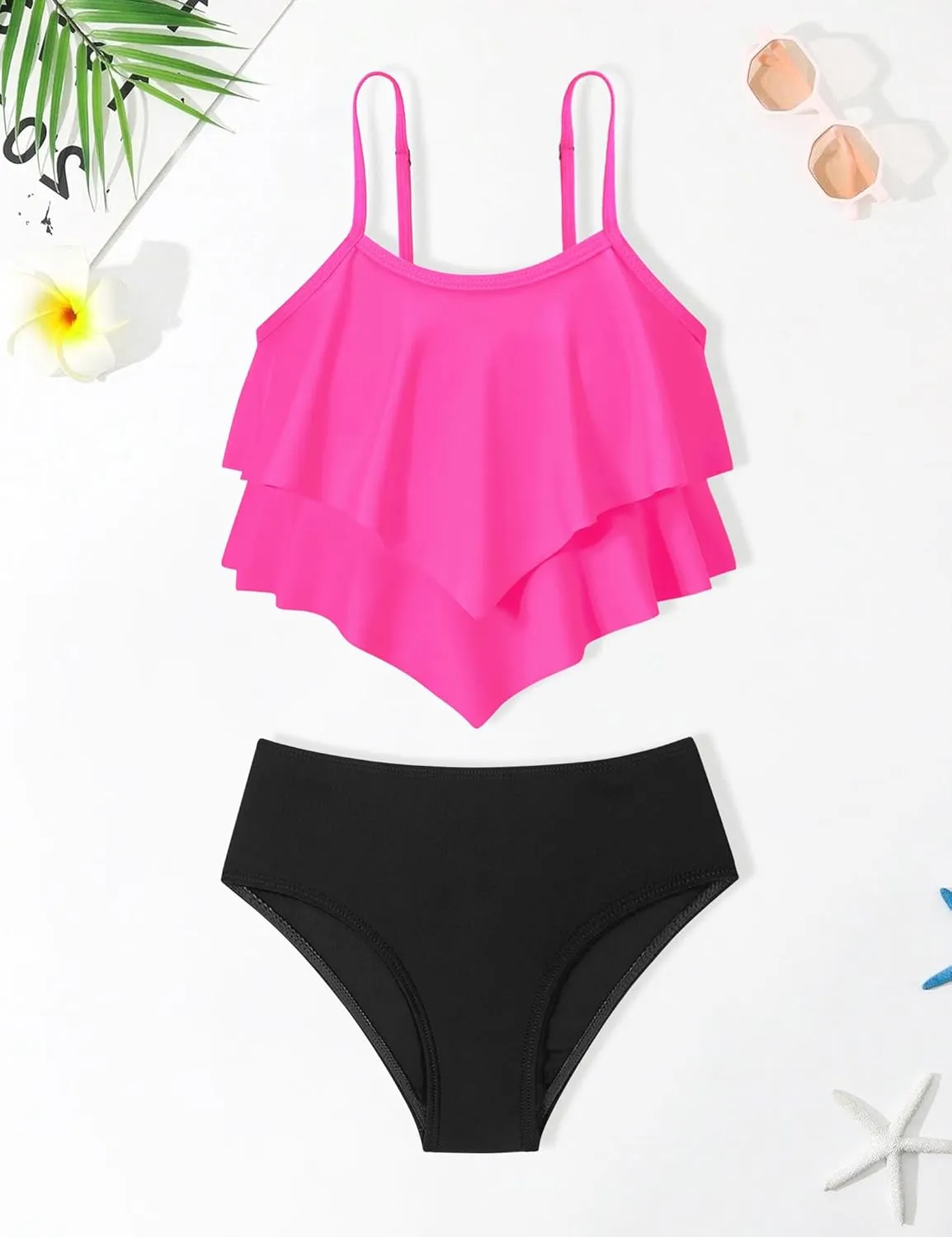oklady Girls Swimsuit 2 Piece Bikini Set Tiered Ruffled Bathing Suit Adjustable Straps Girls' Swimwear